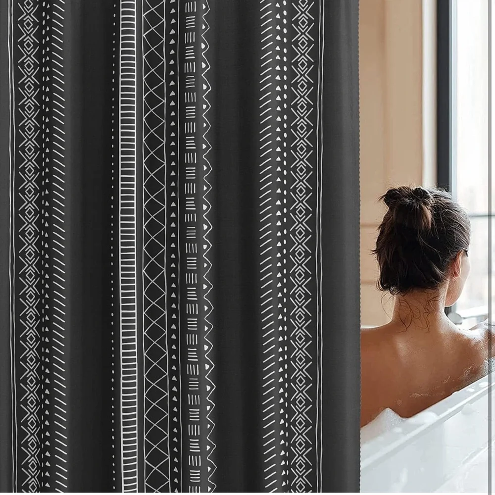 Bohemian Shower Curtain Black & White Boho Linen stripe Textured Fabric w/ Hooks